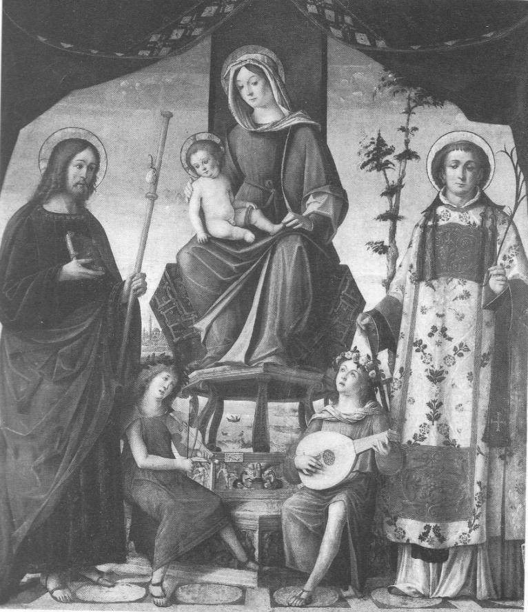 Madonna con il Bambino tra i Santi Giacomo il Maggiore e Lorenzo, Madonna con Bambino in trono tra San Giacomo Maggiore, San Lorenzo e due angeli (dipinto, opera isolata) di Carrari Baldassarre (sec. XVI)