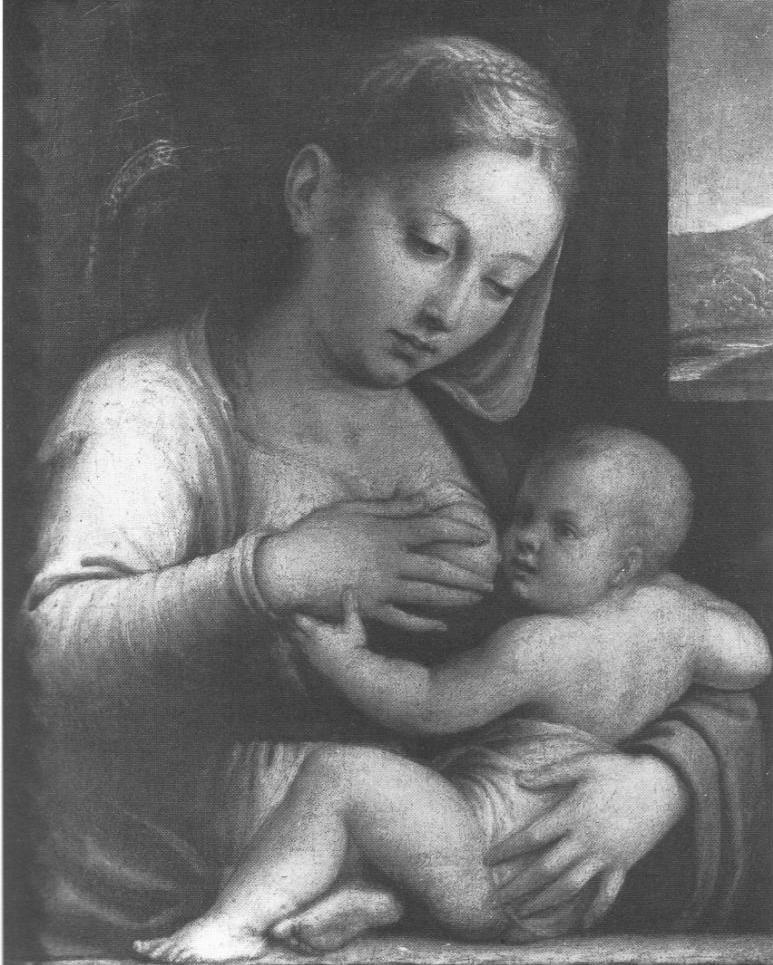 Madonna che allatta il Bambino, Madonna del latte (dipinto, opera isolata) di Longhi Luca (sec. XVI)