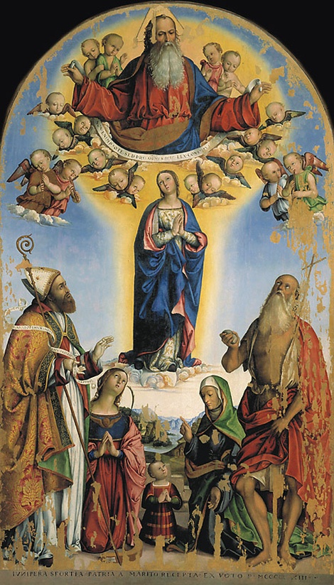 Madonna immacolata e Padre Eterno in gloria con i Santi Agostino, Caterina d'Alessandria, Girolamo, Anna (?) e Costanzo II, Immacolata Concezione e Dio Padre in gloria con Sant'Agostino, Santa Caterina d'AlesSandria, San Girolamo, Sant'Anna (?) e Costanzo II (dipinto, opera isolata) di Marchesi Girolamo detto Girolamo da Cotignola (sec. XVI)