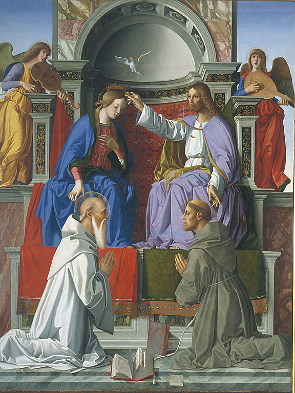 L'incoronazione della Vergine con i Santi Francesco e Benedetto, Incoronazione di Maria Vergine tra San Benedetto e San Francesco d'Assisi (dipinto, opera isolata) di Palmezzano Marco (sec. XV)