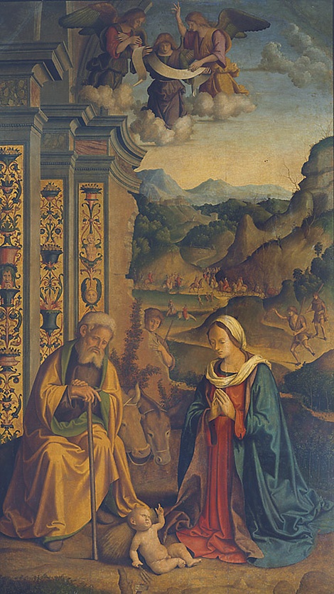 L'adorazione del Bambino, adorazione di Gesù Bambino (dipinto, opera isolata) di Palmezzano Marco (sec. XVI)