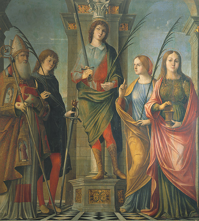 I Santi Apollinare vescovo, Canzio, Canziano, Canzianilla e Maddalena, Sant'Apollinare vescovo, San Canzio, San Canziano, Santa Canzianilla e Santa Maria Maddalena (dipinto, opera isolata) di Rondinelli Nicolò (inizio sec. XVI)