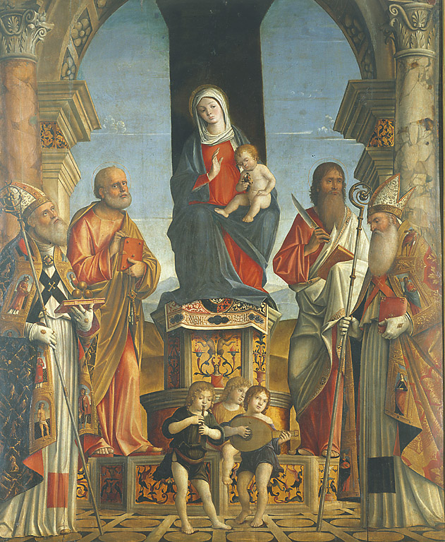 Madonna con il Bambino e i Santi Nicola, Pietro, Bartolomeo e Agostino, Madonna con Bambino in trono tra San Nicola, San Pietro, San Bartolomeo eSant'Agostino (dipinto, opera isolata) di Rondinelli Nicolò (sec. XVI)