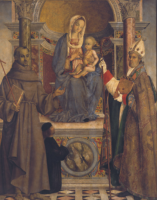 Madonna con il Bambino in trono fra i Santi Francesco d'Assisi e Nicola da Bari, e il committente Pietro Marinazzo, Madonna con Bambino in trono fra San Francesco d'Assisi, San Nicola da Bari e il committente Pietro Marinazzo (dipinto, opera isolata) di Zaganelli Francesco (sec. XVI)