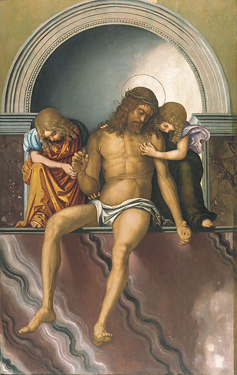 Cristo morto sorretto da due angeli, Cristo in pietà sorretto da angeli (dipinto, opera isolata) di Zaganelli Francesco (sec. XVI)