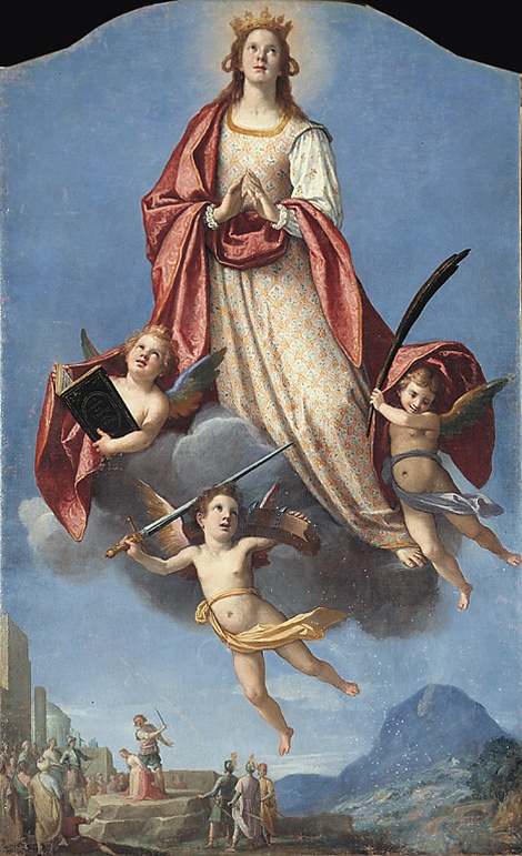 Santa Caterina d'Alessandria assunta in cielo e martirio della santa, gloria di Santa Caterina d'AlesSandria e decapitazione di Santa Barbara (pala d'altare, opera isolata) di Chimenti Jacopo detto Jacopo da Empoli (sec. XVII)