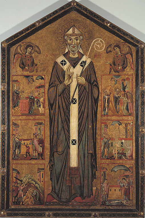 San Verano a figura intera tra due angeli e sei storie della sua leggenda, San Verano tra due angeli e storie della vita del Santo (dipinto, opera isolata) - ambito pisano (sec. XIII)