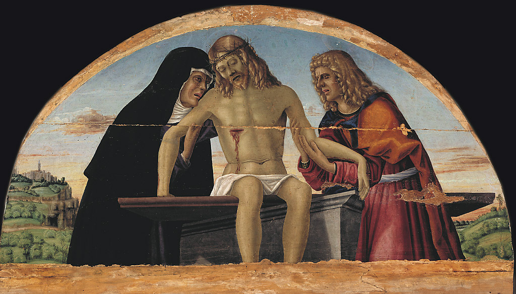 La Pietà, Cristo in pietà tra la Madonna e San Giovanni Evangelista (lunetta, frammento) di Agabiti Pietro Paolo (sec. XV)
