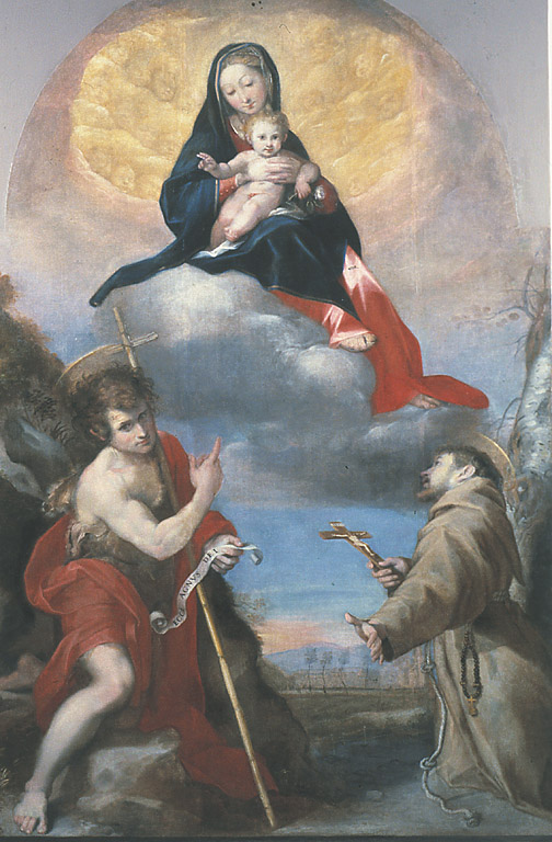 Madonna con il Bambino in gloria con i Santi Giovanni Battista e Francesco, Madonna con Bambino in gloria con San Giovanni Battista e San Francesco (pala d'altare, opera isolata) di Fiori Federico detto Barocci (attribuito) (ultimo quarto sec. XVI)