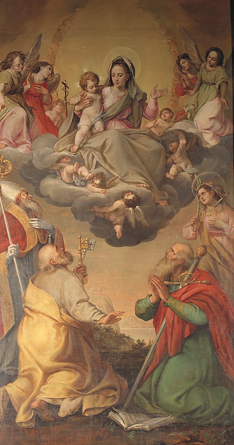 La Vergine in gloria e i Santi Pietro e Paolo, un Santo vescovo e Santa Giustina, Madonna con Bambino in gloria e San Pietro, San Paolo, Santa Giustina e Santo vescovo (dipinto, opera isolata) di Fiori Federico detto Barocci (scuola) (fine/inizio, primo quarto secc. XVI/ XVII, sec. XVII)