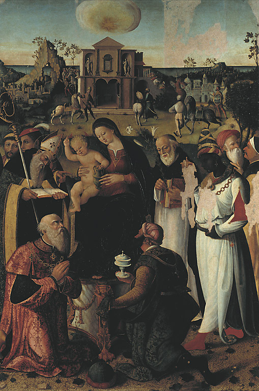 Adorazione dei Magi con i Santi Agostino e Domenico, adorazione dei Re Magi con Sant'Agostino e San Domenico (dipinto, opera isolata) di Fabiano da Urbino fra' (sec. XVI)