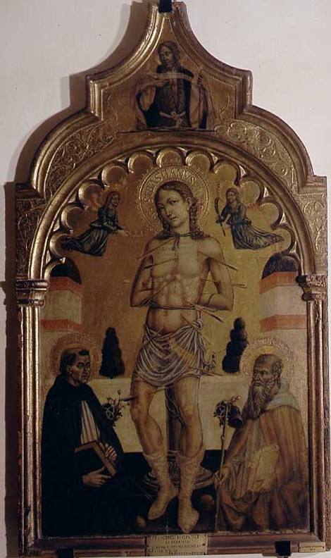 San Sebastiano tra i Santi Antonio Abate e Domenico, martirio di San Sebastiano tra San Domenico e Sant'Antonio Abate (dipinto, elemento d'insieme) di Francesco di Gentile (sec. XV)