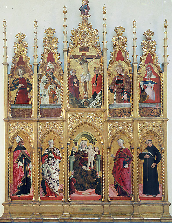 Polittico di Gualdo Tadino, Madonna con Bambino in trono tra Santi (polittico, opera isolata) di Girolamo di Giovanni, Giovanni Angelo d'Antonio da Bolognola (sec. XV)