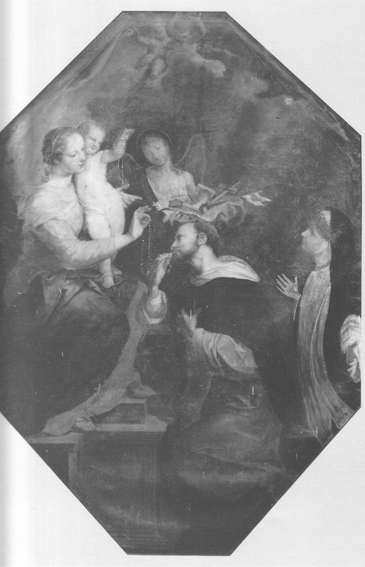 Madonna del Rosario con i Santi Domenico e Caterina da Siena, Madonna del Rosario con San Domenico e Santa Caterina da Siena (pala d'altare, elemento d'insieme) di Lazzarini Gian Andrea (sec. XVIII)
