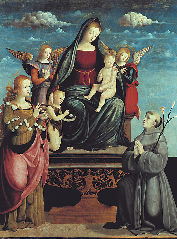 La Vergine in trono con la Maddalena e Sant'Antonio da Padova, Madonna con Bambino in trono con Santa Maria Maddalena, Sant'Antonio da Padova e San Giovannino (dipinto, opera isolata) di Lorenzo di Giovanni De Carolis da Matelica detto Giuda (sec. XVI)