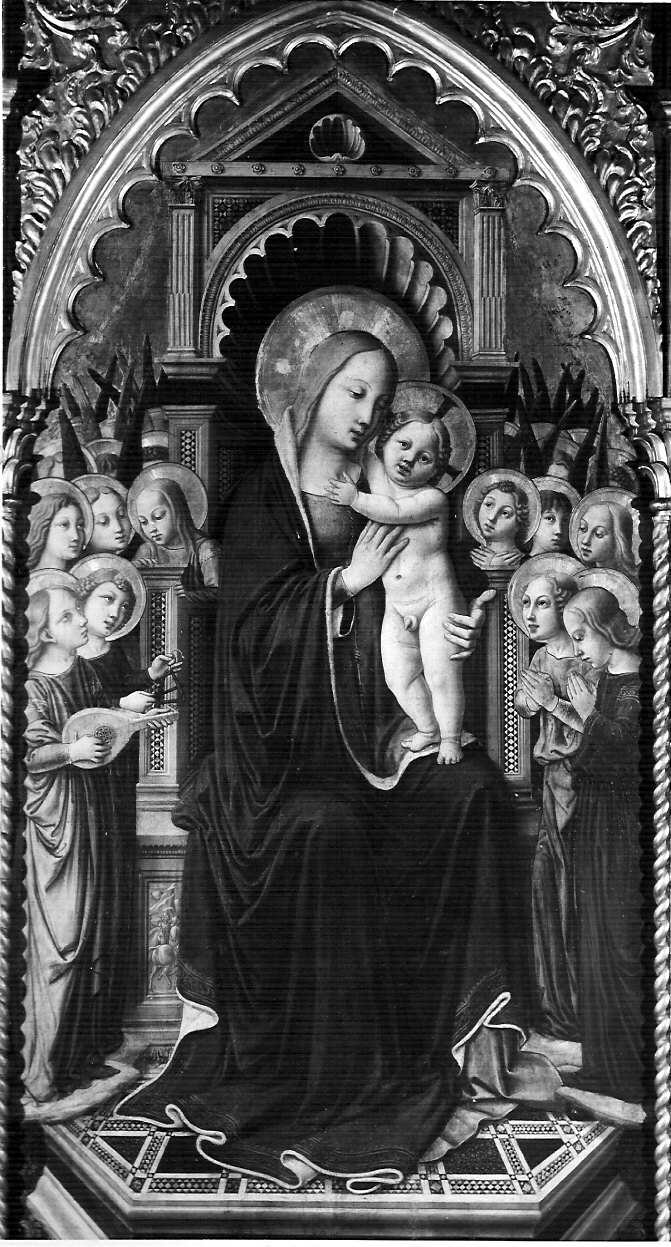 Madonna in trono con Bambino e angeli, Madonna con Bambino in trono e angeli (scomparto di polittico, elemento d'insieme) di Niccolò di Liberatore detto Alunno, Mazzaforte Pietro di Giovanni (sec. XV)