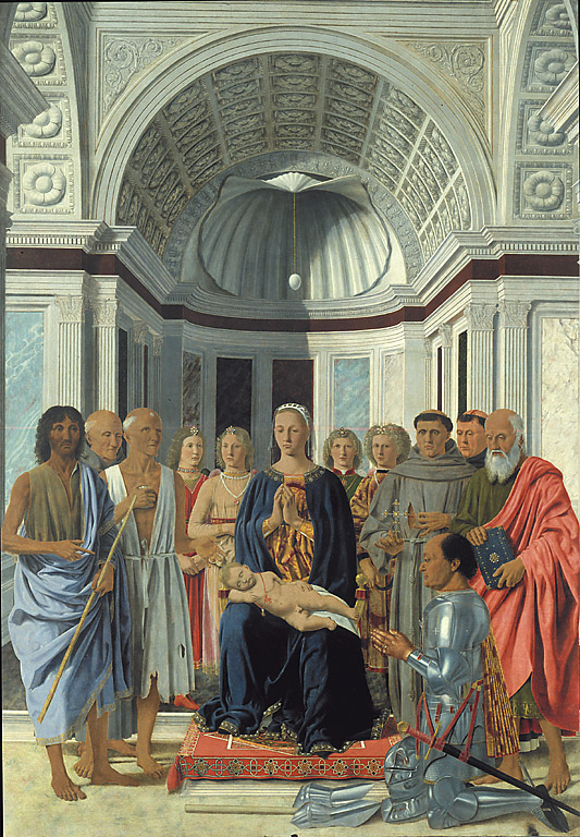 Pala Montefeltro. Pala di San Bernardino, Madonna con Bambino in trono con San Giovanni Battista, San Bernardino, San Girolamo, San Giovanni Evangelista, San Pietro Martire, San Francesco d'Assisi, Federico da Montefeltro e quattro angeli (pala d'altare, opera isolata) di Piero della Francesca (sec. XV)