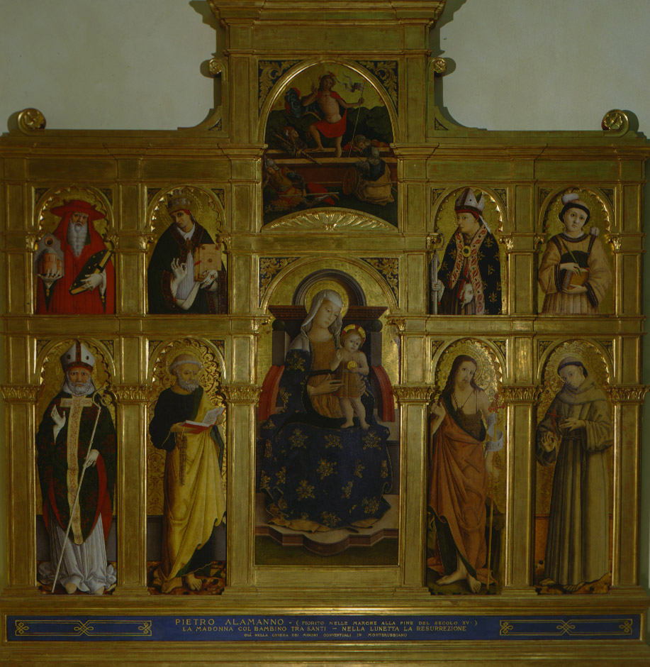 Polittico di Monterubbiano, Madonna con Bambino in trono tra Santi (polittico, frammento) di Alemanno Pietro (sec. XV)