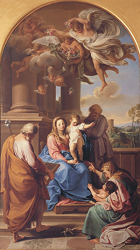 Madonna con il Bambino e i Santi Giuseppe e Zaccaria, Elisabetta e Giovannino, Madonna con Bambino tra San Giuseppe, San Zaccaria, Santa Elisabetta e San Giovannino (pala d'altare, opera isolata) di Batoni Pompeo Girolamo (sec. XVIII)