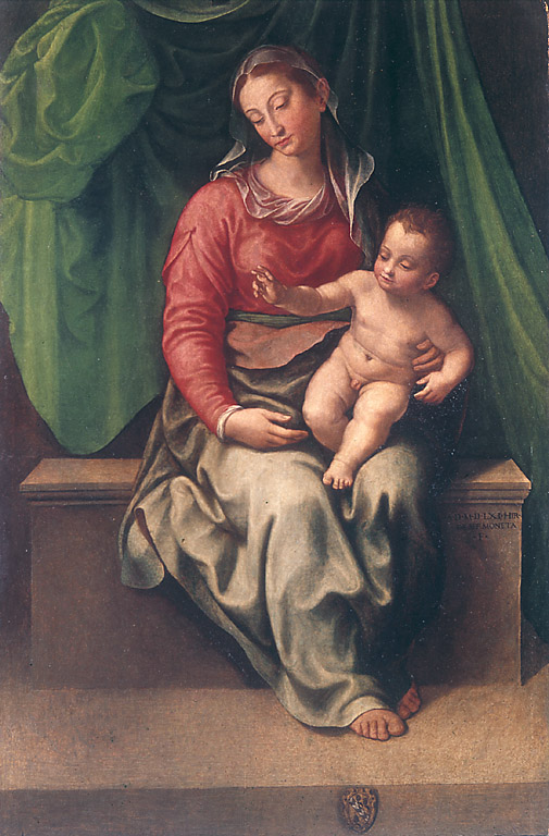 La Vergine con il Figlio e un devoto (pala Pini), Madonna con Bambino e devoto (dipinto, opera isolata) di Siciolante Girolamo da Sermoneta (sec. XVI)