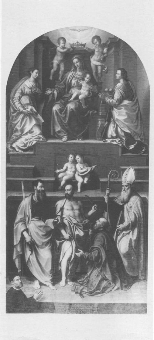 La Vergine con il Bambino in trono e santi, Madonna con Bambino in trono e angeli, Sant'Agnese, Sant'Agata, San Paolo, San Bartolomeo, Sant'Antonio Abate, San Gregorio e il committente Giorgio Morato (pala d'altare, opera isolata) di Siciolante Girolamo da Sermoneta (sec. XVI)