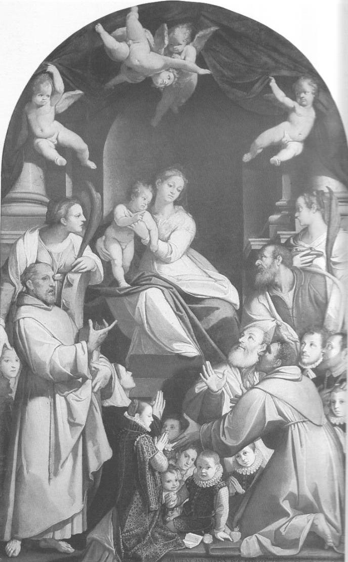 Madonna con il Bambino, i Santi Caterina, Francesco, Antonio, Taddeo (?),Lucia e la famiglia Zuccari, Madonna con Bambino e angeli, Santa Caterina, San Francesco, Sant'Antonio, San Taddeo, Santa Lucia e la famiglia Zuccari (pala d'altare, opera isolata) di Zuccari Federico (sec. XVII)