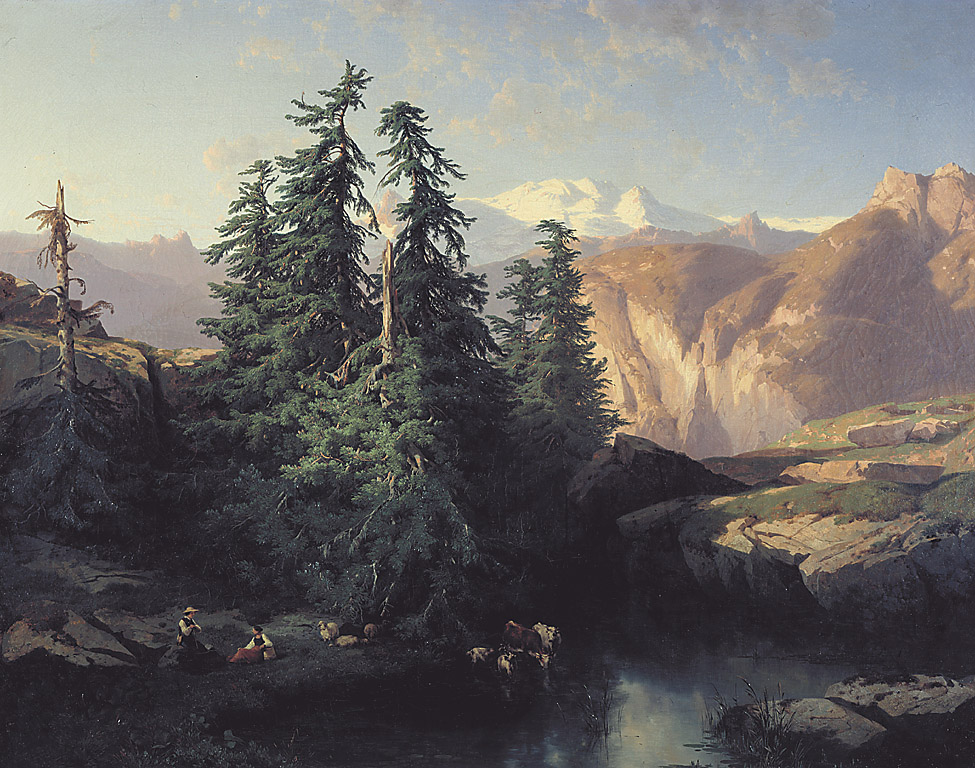 Una veduta della Valle di Lanterbrunnen nel Canton di Berna, paesaggio montano (dipinto, opera isolata) di Calame Alexandre (sec. XIX)