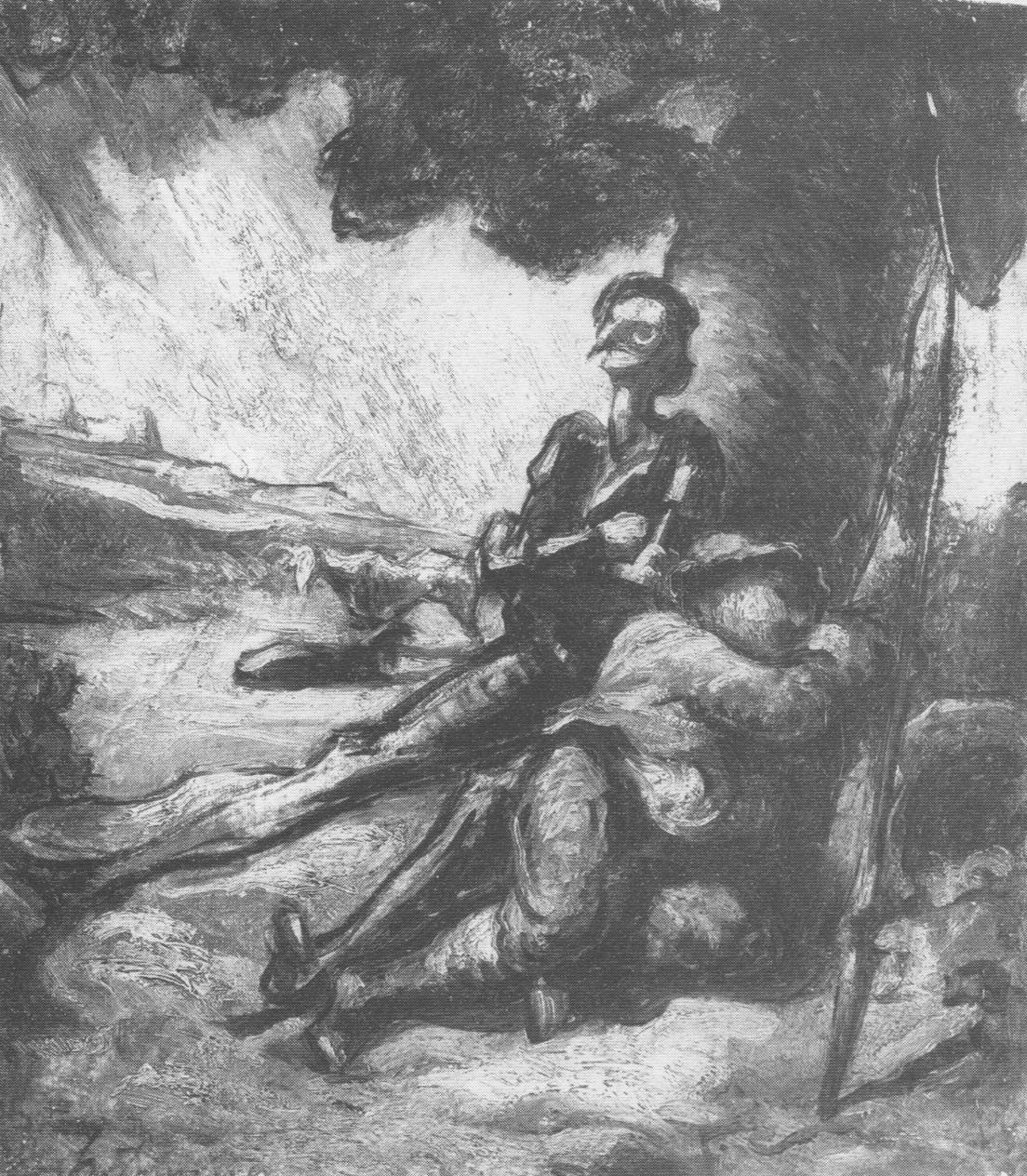 Don Chisciotte e Sancho Panza si riposano sotto un albero, Don Chisciotte e Sancho Panza si ripoSano sotto un albero (dipinto, opera isolata) di Daumier Honoré (attribuito) (sec. XIX)