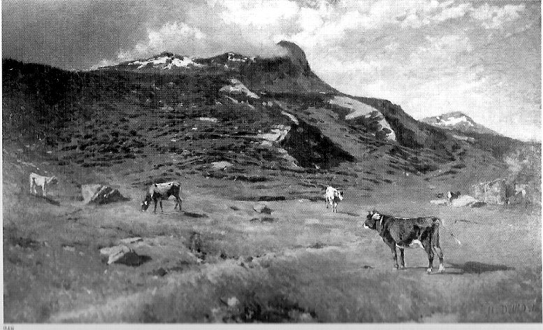 Alti pascoli (Maloja), paesaggio con animali (dipinto, opera isolata) di Dell'Orto Uberto (sec. XIX)