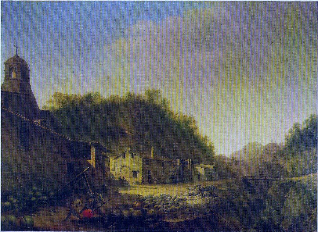 Fonderia di cannoni a Caionvico, veduta di Caionvico con lavoratori (dipinto, opera isolata) di Gozzi Marco (sec. XIX)