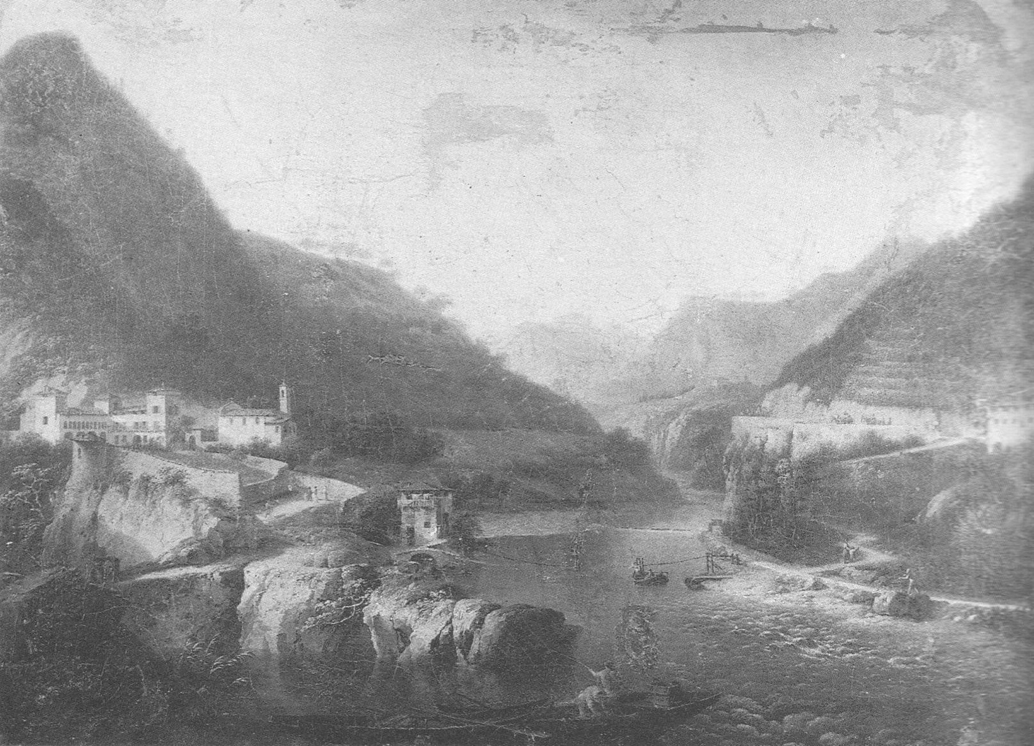Imbersago, il traghetto sull'Adda (Paesaggio con fiume), paesaggio fluviale (dipinto, opera isolata) di Gozzi Marco (sec. XIX)