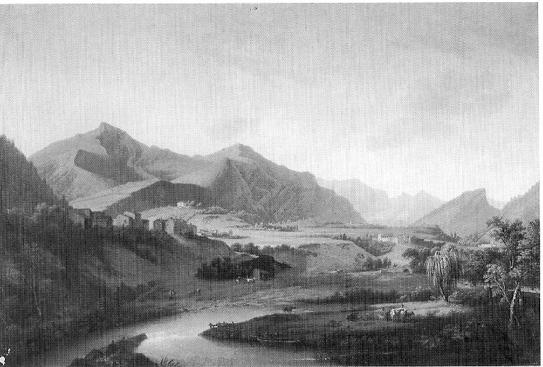 Veduta del fiume Oglio e delle montagne del bergamasco e bresciano, paesaggio fluviale (dipinto, opera isolata) di Gozzi Marco (sec. XIX)