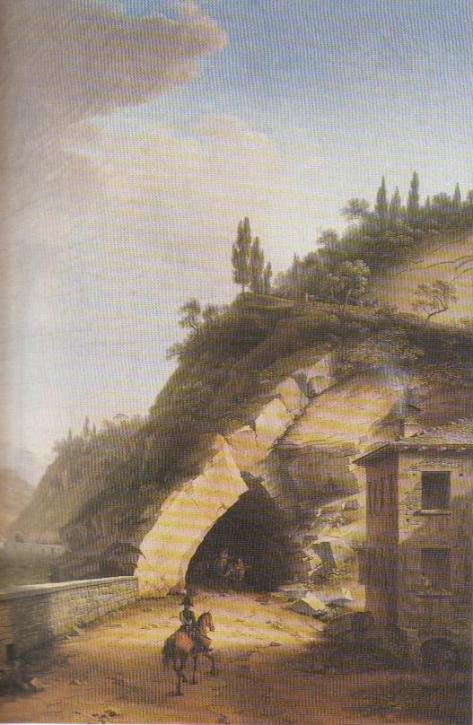 Veduta della casa e prima galleria di Varenna a Bellano nel monte di Malpensata d'Oliveto sul lago di Como, paesaggio roccioso (dipinto, opera isolata) di Gozzi Marco (sec. XIX)