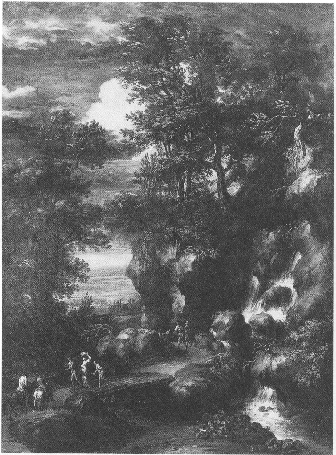 Paesaggio boscoso con ponte, paesaggio con alberi (dipinto, opera isolata) di Knoller Martin (sec. XVIII)