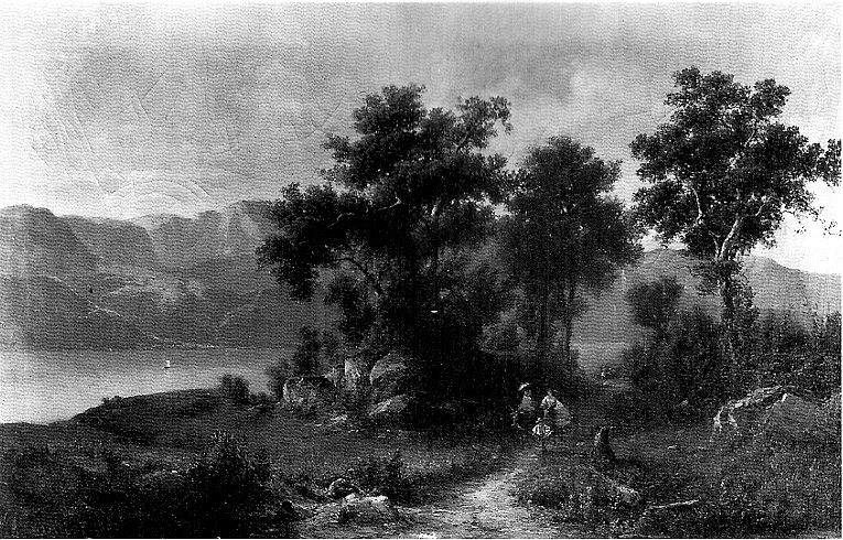 Veduta del lago di Lecco nelle vicinanze di Varenna, paesaggio lacustre (dipinto, opera isolata) di Lelli Giovanni Battista (sec. XIX)