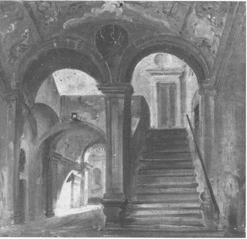 Veduta di un cortile con scalone monumentale, interno di palazzo (dipinto, opera isolata) di Migliara Giovanni (attribuito) (sec. XIX)