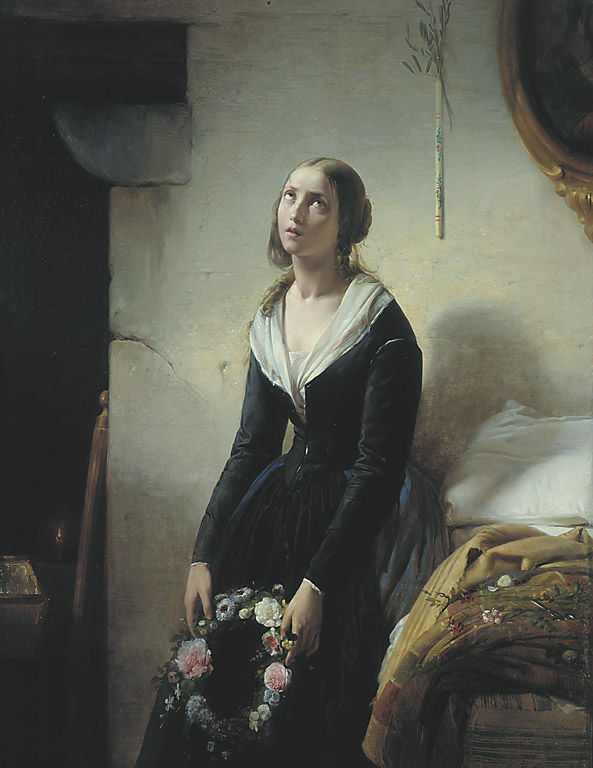 La derelitta (La morte del bimbo), figura femminile dolente (dipinto, opera isolata) di Molteni Giuseppe (sec. XIX)