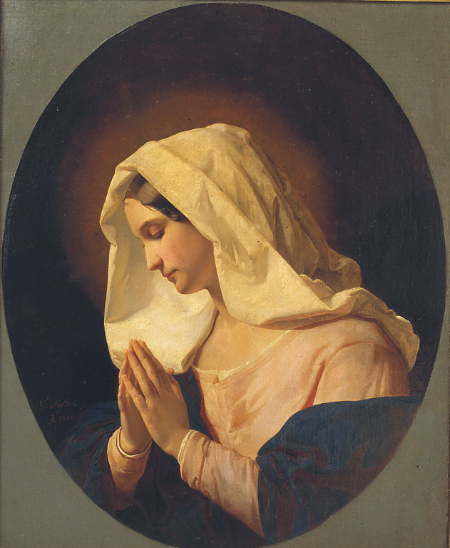 Una beata Vergine orante, mezza figura della beata Vergine (dipinto, opera isolata) di Molteni Giuseppe (sec. XIX)