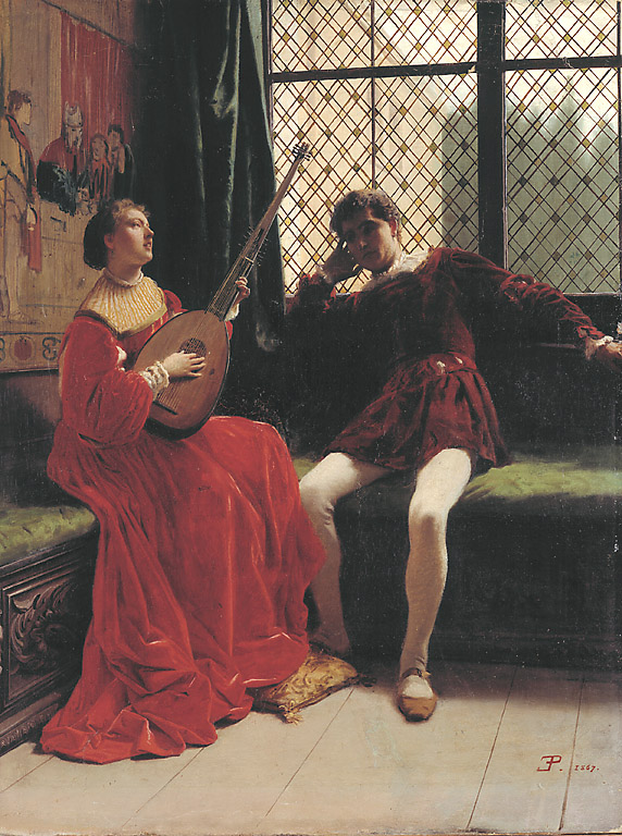 Il liuto, suonatrice di liuto (dipinto, opera isolata) di Pagliano Eleuterio (sec. XIX)