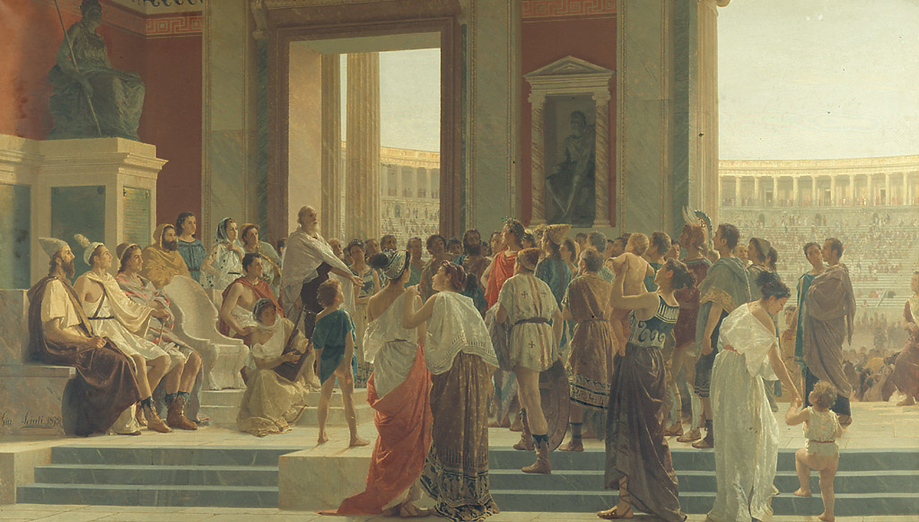 Pindaro esalta un vincitore nei giochi olimpici, Pindaro (dipinto, opera isolata) di Sciuti Giuseppe (sec. XIX)