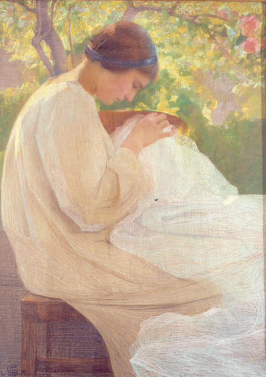 Luce e lavoro, figura femminile seduta (dipinto, opera isolata) di Sottocornola Giovanni (sec. XX)