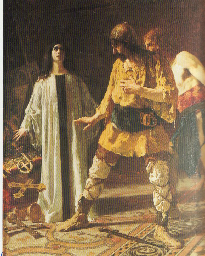 Una pia donzella che difende dalla rapacità di un Goto gli arredi sacri affidati alla sua custodia, guerriero con fanciulla (dipinto, opera isolata) di Tallone Cesare (sec. XIX)