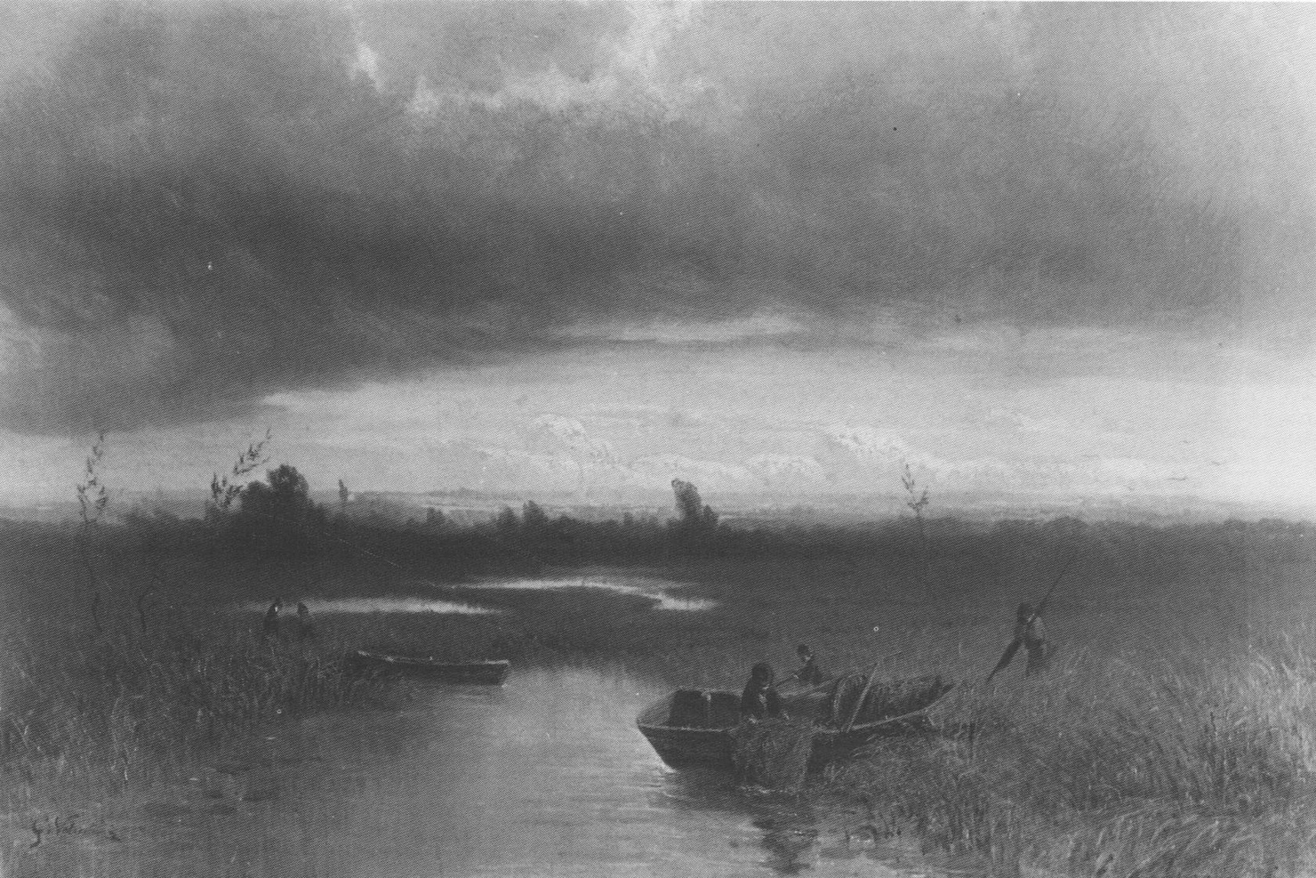 Stagno al tramonto, paesaggio lacustre con barche (dipinto, opera isolata) di Valentini Gottardo (sec. XIX)