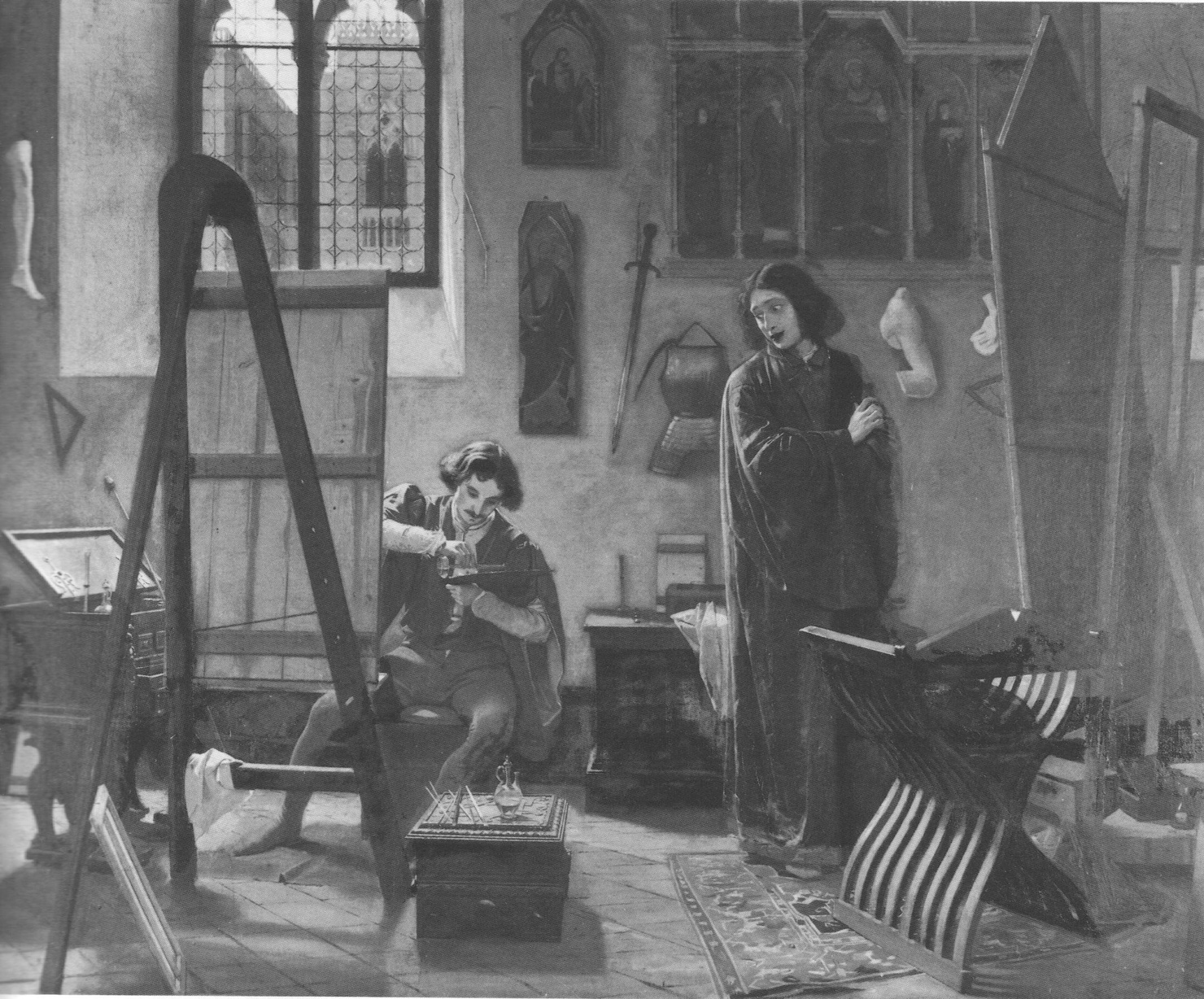 Giovanni Bellini, fingendosi un nobile veneto, si fa ritrarre dal pittoreAntonello da Messina onde potere così scoprire la nuova maniera di dipingere ad olio, che quell'artista aveva appreso da Giovanni da Bruges, Giovanni Bellini nello studio di Antonello da Messina (dipinto, opera isolata) di Venturi Roberto (sec. XIX)