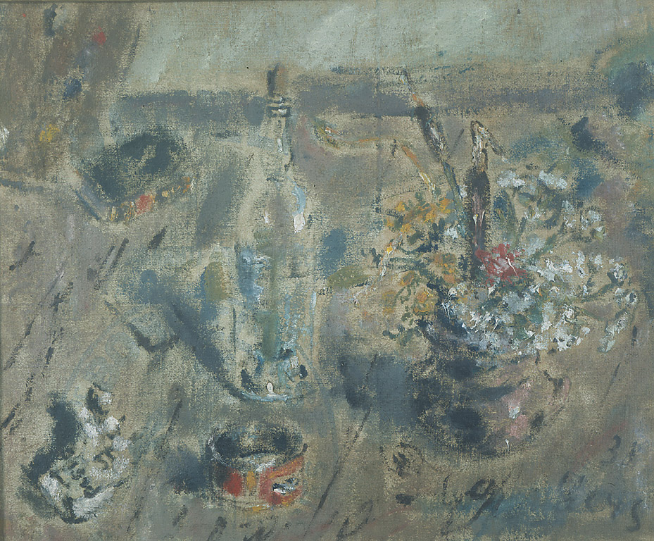 Natura morta con fiori e bottiglia, natura morta (dipinto, opera isolata) di Tibertelli Filippo detto De Pisis Filippo (sec. XX)