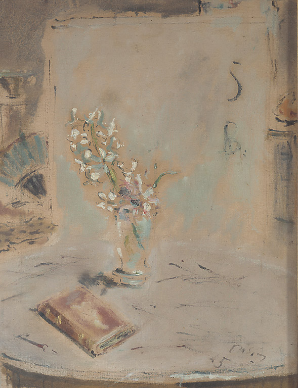 Fiori nel bicchiere e libro, vaso con fiori, libro (dipinto, opera isolata) di Tibertelli Filippo detto De Pisis Filippo (sec. XX)