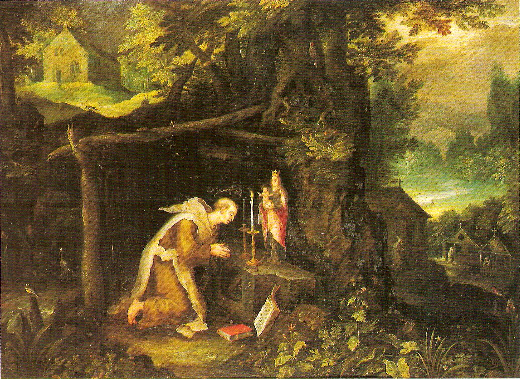 Eremo con cenobita, paesaggio con Santo in meditazione (dipinto, opera isolata) di Bruegel Jan il Vecchio detto Bruegel dei Velluti (attribuito) (sec. XVI)