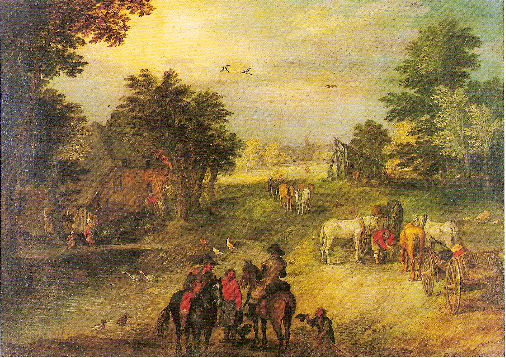 Paesaggio con cavalieri e carri, scena di vita campestre con cavalieri (dipinto, serie) di Bruegel Jan il Giovane detto Bruegel il Giovane (attribuito) (sec. XVII)