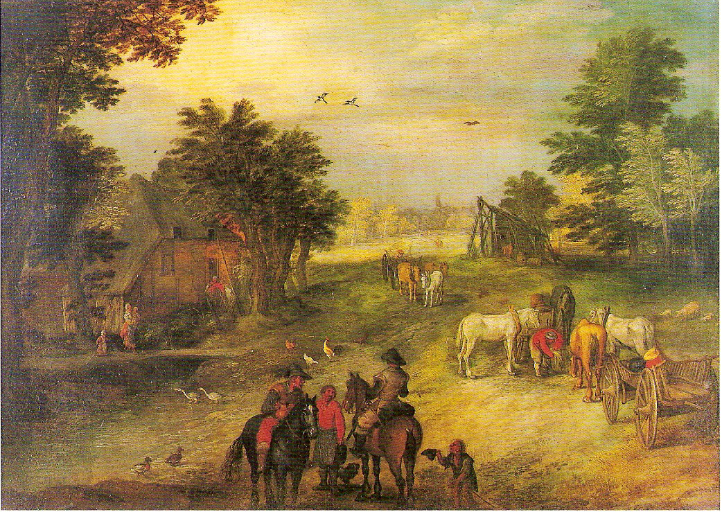 Paesaggio con cavalieri e carri, scena di vita campestre con cavalieri (dipinto, serie) di Bruegel Jan il Giovane detto Bruegel il Giovane (attribuito) (sec. XVII)