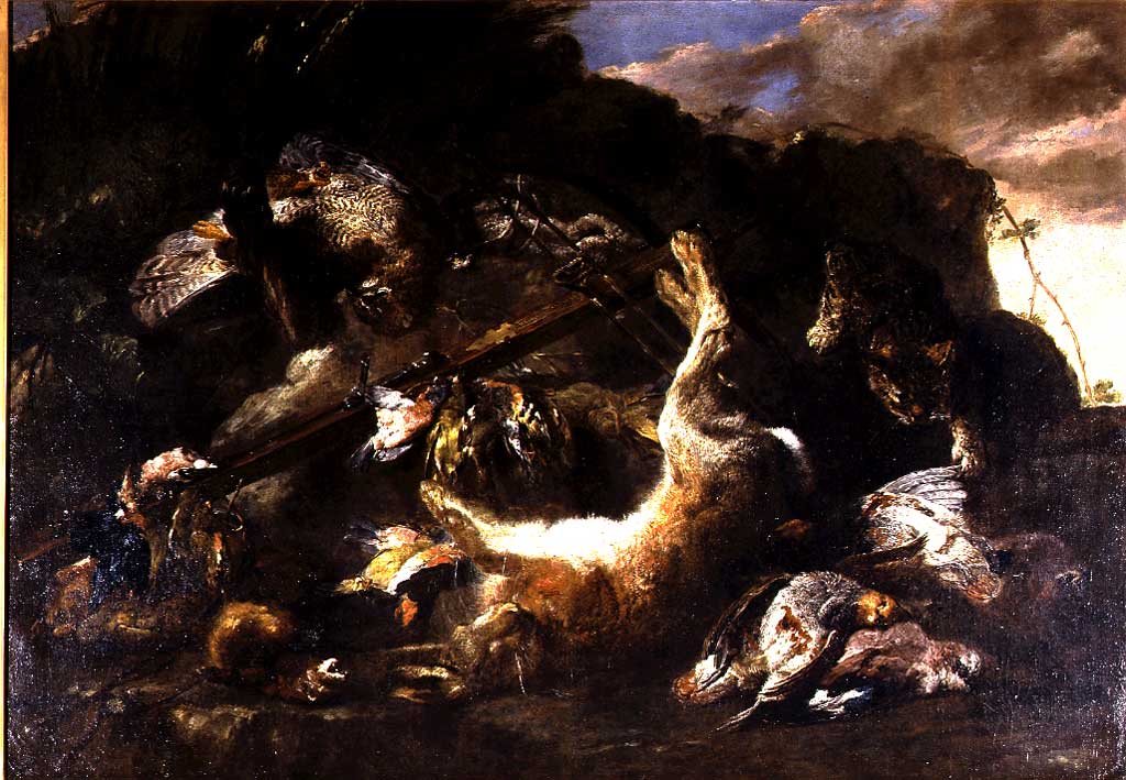 Selvaggina morta (con balestra), natura morta con gufo e selvaggina (dipinto, serie) di Fyt Johannes (sec. XVII)